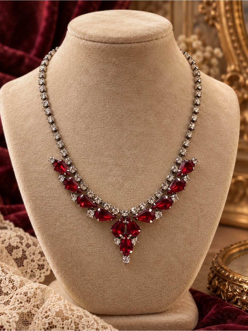 Vintage-Style Red & Clear Rhinestone Statement Necklace – (BN2po)